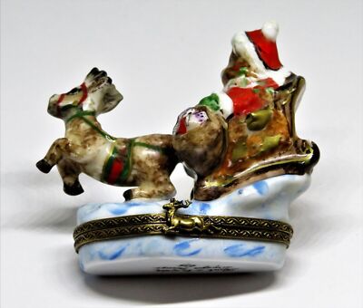 LIMOGES BOX~ CHRISTMAS ~ SANTA CLAUS TEDDY BEAR ~ SLEIGH & REINDEER ~ PEINT MAIN