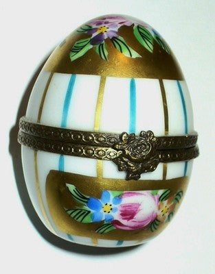 LIMOGES FRANCE BOX ~ FLORAL EGG & PERFUME BOTTLE ~ FLOWERS & STRIPES ~ ROSES