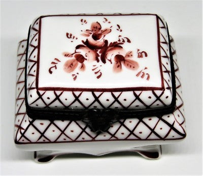 LIMOGES FRANCE BOX- PARRY-VIEILLE -VINTAGE BROWN FLORAL CHEST- LATTICE & SCROLLS