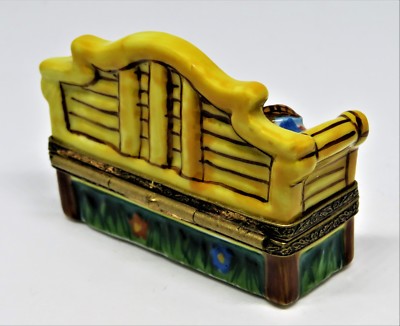 LIMOGES FRANCE BOX- PIERRE ARQUIE - GARDEN OR PARK BENCH - HAT & SHAWL - FLOWERS