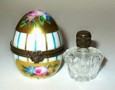 LIMOGES FRANCE BOX ~ FLORAL EGG & PERFUME BOTTLE ~ FLOWERS & STRIPES ~ ROSES