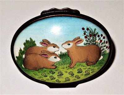 HALCYON DAYS ENAMEL BOX - BUNNY BONBONNIERE - BROWN RABBIT & YELLOW FLOWERS