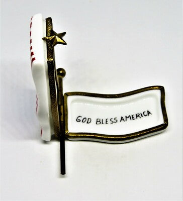 LIMOGES BOX- U. S. FLAG & POLE - STARS & STRIPES - "GOD BLESS AMERICA" -JULY 4TH