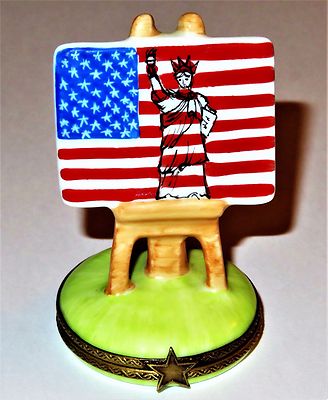 LIMOGES FRANCE BOX - U. S. FLAG & STATUE OF LIBERTY PAINTING &EASEL - JULY 4TH