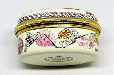 HALCYON DAYS ENGLISH ENAMEL BOX - ASIAN FANS - FLOWERS & FEATHERS - TASSELS