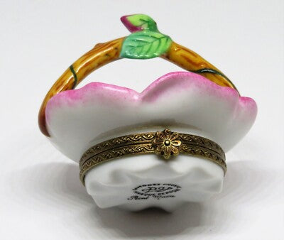 LIMOGES FRANCE BOX - PARRY-VIEILLE -  ROSE FLOWER BASKET & PORCELAIN HANDLE