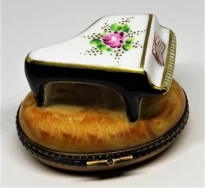 LIMOGES FRANCE BOX ~ PV ~ GRAND PIANO & PINK ROSE ~ LYRE & G-CLEF ~PEINT MAIN