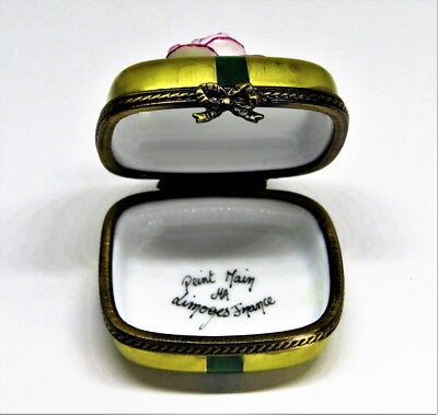 LIMOGES FRANCE - GOLD GIFT BOX & PINK BISQUE ROSE & GREEN RIBBON -ANNIVERSARY
