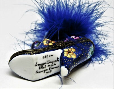LIMOGES FRANCE BOX - LIMOGES IMPORTS - SHOE - FLOWERS & CRYSTALS & FEATHERS - LE