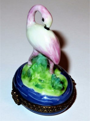 LIMOGES FRANCE BOX - PV - PINK FLAMINGO - GRASS & WATER & 3 DIMENSIONAL REEDS