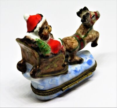 LIMOGES BOX~ CHRISTMAS ~ SANTA CLAUS TEDDY BEAR ~ SLEIGH & REINDEER ~ PEINT MAIN