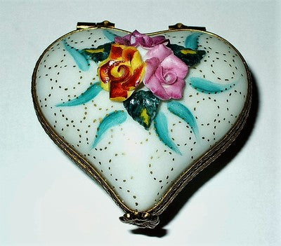 LIMOGES FRANCE BOX ~ HEART & BISQUE FLOWERS ~RIBBONS & ROSES~ ANNIVERSARY ~ MIB