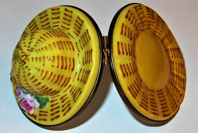 LIMOGES FRANCE BOX ~ROCHARD~ VINTAGE STRAW SUMMER HAT & BISQUE ROSES ~ GARDENING