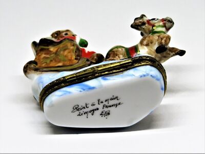 LIMOGES BOX~ CHRISTMAS ~ SANTA CLAUS TEDDY BEAR ~ SLEIGH & REINDEER ~ PEINT MAIN