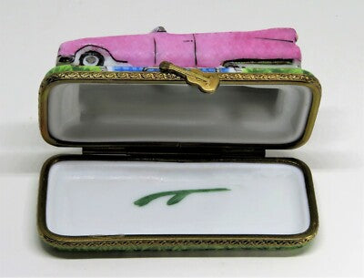 LIMOGES FRANCE BOX - PINK CADILLAC ELDORADO CAR - GUITAR CLASP - ELVIS PRESLEY