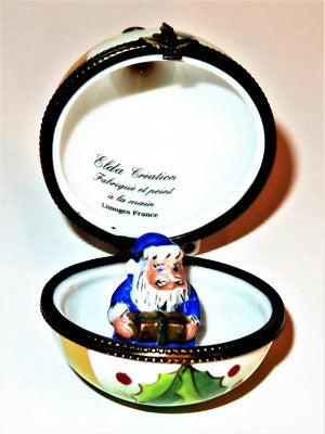 LIMOGES BOX- ELDA - CHRISTMAS TREE ORNAMENT -HOLLY & GOLD RIBBON- 3D SANTA CLAUS