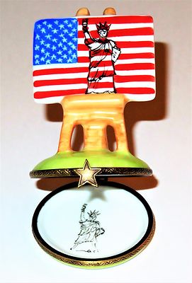 LIMOGES FRANCE BOX - U. S. FLAG & STATUE OF LIBERTY PAINTING &EASEL - JULY 4TH