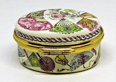 HALCYON DAYS ENGLISH ENAMEL BOX - ASIAN FANS - FLOWERS & FEATHERS - TASSELS