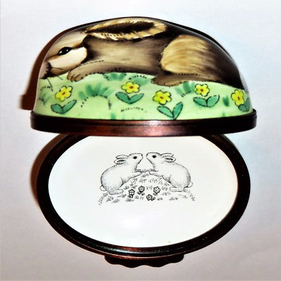 HALCYON DAYS ENAMEL BOX - BUNNY BONBONNIERE - BROWN RABBIT & YELLOW FLOWERS