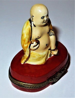 LIMOGES FRANCE BOX - BUDDHA & GOLDEN BALL -LOTUS FLOWER & CHINESE CHARACTERS- LE