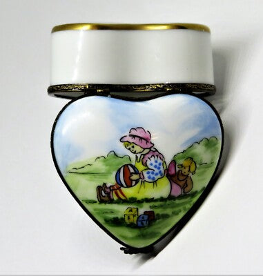 LIMOGES FRANCE BOX ~ HEART & GIRL & TOYS ON GRASS ~ DOLL & BALL ~ PEINT MAIN