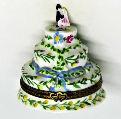 LIMOGES FRANCE BOX ~ WEDDING CAKE ~ BRIDE & GROOM ~ FLOWERS ~ ROSES ~ PEINT MAIN