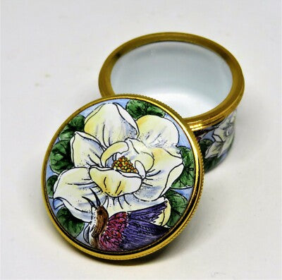 STAFFORDSHIRE ENGLISH ENAMEL BOX - MAGNOLIA FLOWERS & HUMMINGBIRDS - CHARLESTON