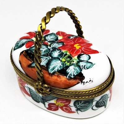 LIMOGES BOX- CHRISTMAS - POINSETTIA FLOWER BASKET & TERRA COTTA POT - TOP SIGNED