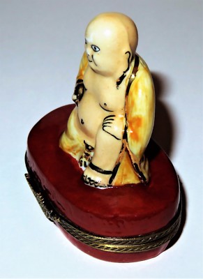 LIMOGES FRANCE BOX - BUDDHA & GOLDEN BALL -LOTUS FLOWER & CHINESE CHARACTERS- LE