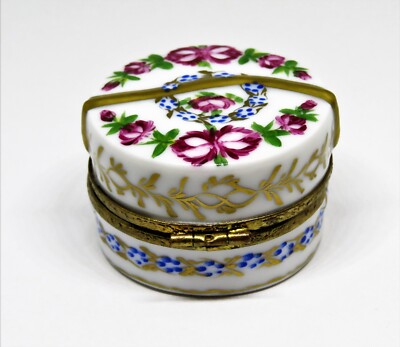 LIMOGES BOX ~ FLORAL HAT BOX & SPRING BONNET ~ FLOWERS ~ PINK ROSES ~ PEINT MAIN