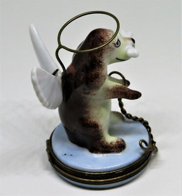 LIMOGES FRANCE BOX ~ SPANIEL DOG & WINGS - ANGEL DOG ~ LEASH CLASP ~ PEINT MAIN