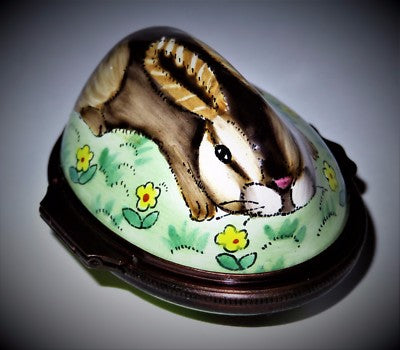 HALCYON DAYS ENAMEL BOX - BUNNY BONBONNIERE - BROWN RABBIT & YELLOW FLOWERS