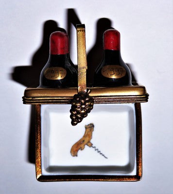 LIMOGES FRANCE BOX ~ PV ~ 1997 WINE BOTTLES IN A BASKET ~ CORKSCREW ~ PEINT MAIN