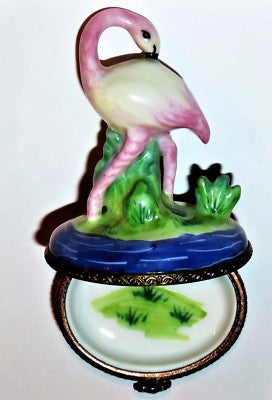 LIMOGES FRANCE BOX - PV - PINK FLAMINGO - GRASS & WATER & 3 DIMENSIONAL REEDS