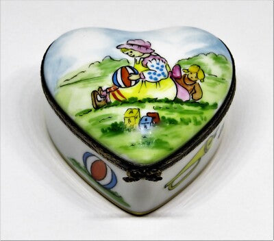 LIMOGES FRANCE BOX ~ HEART & GIRL & TOYS ON GRASS ~ DOLL & BALL ~ PEINT MAIN