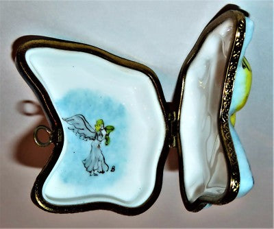 LIMOGES BOX - CHRISTMAS TREE ORNAMENT - ANGEL IN A BLUE GOWN BLOWING A HORN