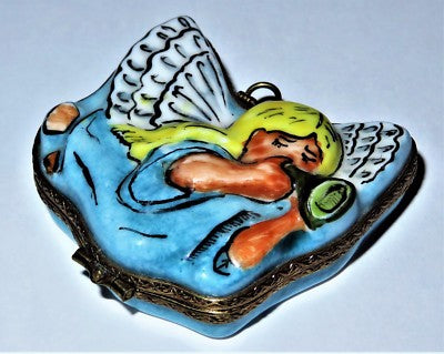 LIMOGES BOX - CHRISTMAS TREE ORNAMENT - ANGEL IN A BLUE GOWN BLOWING A HORN