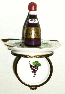 LIMOGES FRANCE BOX ~ PARRY-VIELLE ~ WINE BOTTLE ON A PLATE ~ GRAPES ~ PEINT MAIN
