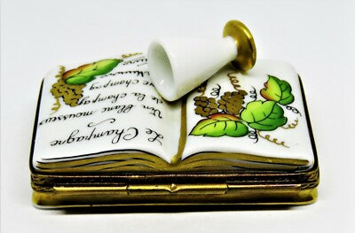 LIMOGES FRANCE BOX ~ RIBIERRE ~ BOOK OF CHAMPAGNE & FLUTE ~ GRAPES ~ PEINT MAIN