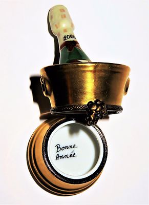 LIMOGES BOX - ELDA - BOTTLE OF BRUT CHAMPAGNE 2000 CHILLING IN A BUCKET - GRAPES