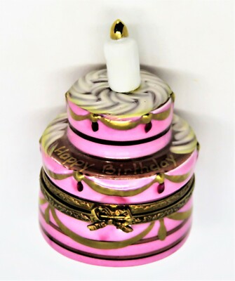LIMOGES BOX ~ HAPPY BIRTHDAY CAKE & CANDLE & 3D GIFT ~ CHOCOLATE & STRAWBERRY