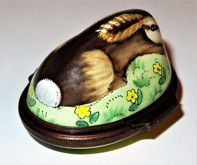 HALCYON DAYS ENAMEL BOX - BUNNY BONBONNIERE - BROWN RABBIT & YELLOW FLOWERS