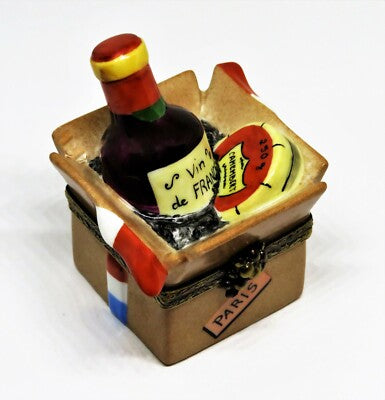 LIMOGES FRANCE BOX - CRATE WITH WINE & CHEESE - "PARIS" & "CALIFORNIA" LABELS