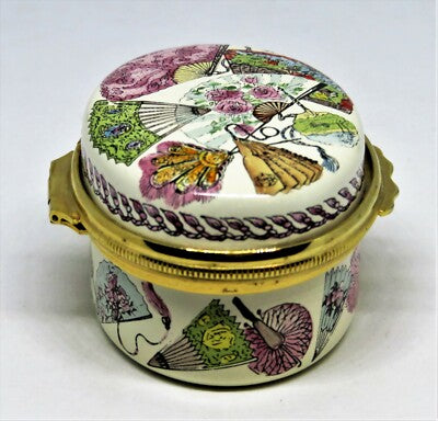 HALCYON DAYS ENGLISH ENAMEL BOX - ASIAN FANS - FLOWERS & FEATHERS - TASSELS