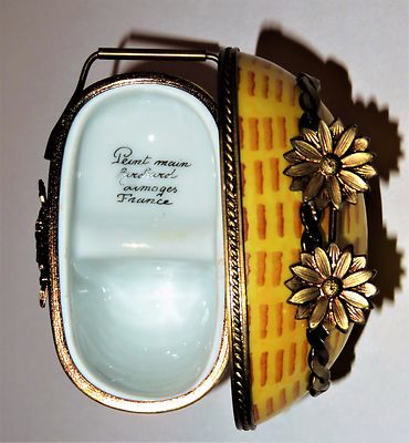 LIMOGES FRANCE BOX- ROCHARD - WICKER BABY CARRIAGE & PINK BLANKET & BOTTLE -GIRL