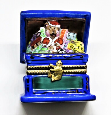 LIMOGES FRANCE BOX - CHRISTMAS - TOY CHEST & A TEDDY BEAR IN A SANTA CLAUS SUIT