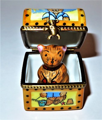 LIMOGES FRANCE BOX - TRUNK & PORCELAIN BEAR - TEDDY BEAR IN THE FOUR SEASONS