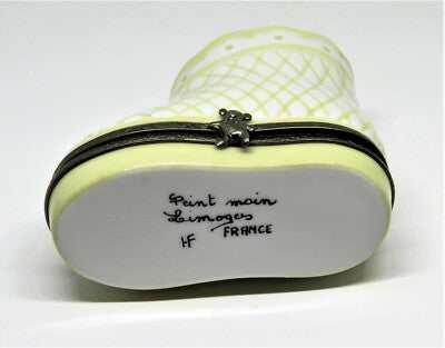 LIMOGES FRANCE BOX ~ YELLOW BABY BOOTEE & REMOVABLE BOTTLE ~ SHOE ~ PEINT MAIN