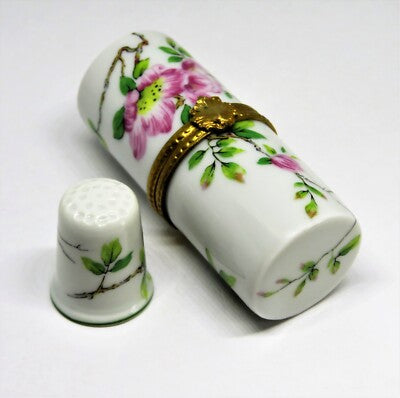 LIMOGES FRANCE BOX~ HAVILAND ~ 2 PIECE FLORAL SEWING SET ~ THIMBLE & NEEDLE ETUI