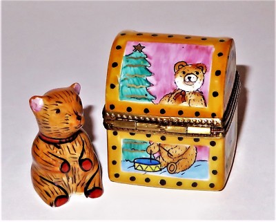 LIMOGES FRANCE BOX - TRUNK & PORCELAIN BEAR - TEDDY BEAR IN THE FOUR SEASONS
